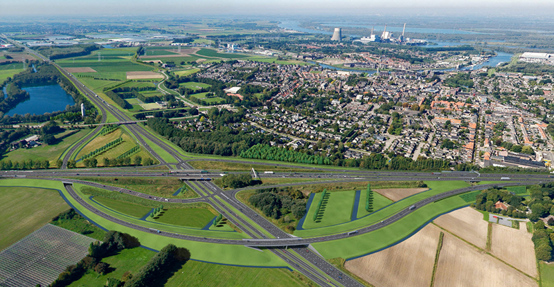 Luchtfoto met daarop de visualisatie van de toekomstige situatie op knooppunt Hooipolder. Op de voorgrond de nieuwe verbindingsboog van de A59 naar de A27 (richting Utrecht)